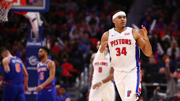 DETROIT, MI - DECEMBER 22: Tobias Harris #34 of the Detroit Pistons reacts to a second half three point basket while playing the New York Knicks at Little Caesars Arena on December 22, 2017 in Detroit, Michigan. Detroit won the game 104-101. NOTE TO USER: User expressly acknowledges and agrees that, by downloading and or using this photograph, User is consenting to the terms and conditions of the Getty Images License Agreement. (Photo by Gregory Shamus/Getty Images)