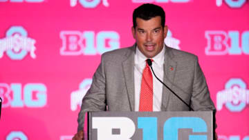 CHICAGO, IL - JULY 18: The Ohio State University football head coach Ryan Day speaks to media members during the Big Ten Football Media Days event on July 18, 2019 at the Hilton Chicago in Chicago, IL. (Photo by Robin Alam/Icon Sportswire via Getty Images)