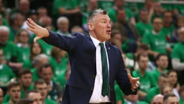 KAUNAS, LITHUANIA - APRIL 23: Sarunas Jasikevicius, Head Coach of Zalgiris Kaunas in action during the Turkish Airlines EuroLeague Play Off game 3 between Zalgiris Kaunas v Fenerbahce Beko Istanbul at Zalgirio Arena on April 23, 2019 in Kaunas, Lithuania. (Photo by Alius Koroliovas/EB via Getty Images)