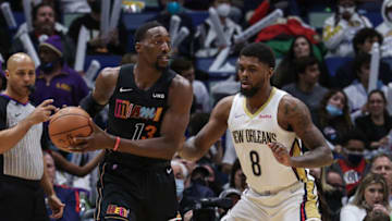 Miami Heat center Bam Adebayo (13) looks to pass the ball against New Orleans Pelicans(Stephen Lew-USA TODAY Sports)