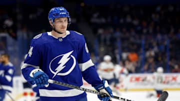 TAMPA, FLORIDA - FEBRUARY 28: Tanner Jeannot #84 of the Tampa Bay Lightning looks on during a game `az at Amalie Arena on February 28, 2023 in Tampa, Florida. (Photo by Mike Ehrmann/Getty Images)