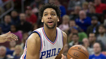Jan 4, 2016; Philadelphia, PA, USA; Philadelphia 76ers center Jahlil Okafor (8) juggles the ball before shooting against the Minnesota Timberwolves during the second half at Wells Fargo Center. The 76ers won 109-99. Mandatory Credit: Bill Streicher-USA TODAY Sports