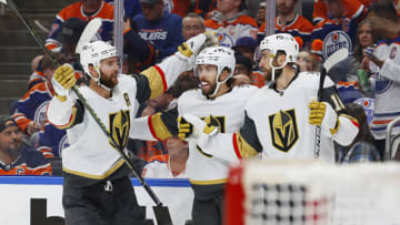 May 8, 2023; Edmonton, Alberta, CAN; The Vegas Golden Knights celebrate a goal by forward Chandler Stephenson (20) during the second period against the Edmonton Oilers in game three of the second round of the 2023 Stanley Cup Playoffs at Rogers Place. Mandatory Credit: Perry Nelson-USA TODAY Sports