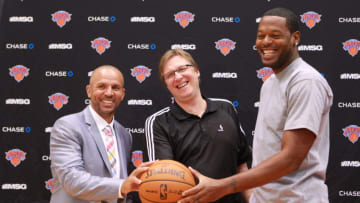 TARRYTOWN, NY - JULY 12: Jason Kidd, General Manager Glen Grunwald and Marcus Camby of the New York Knicks poses for a photo during a press conference on July 12, 2012 at the MSG Training Facility in Tarrytown, New York. NOTE TO USER: User expressly acknowledges and agrees that, by downloading and/or using this Photograph, user is consenting to the terms and conditions of the Getty Images License Agreement. Mandatory Copyright Notice: Copyright 2012 NBAE (Photo by Joe Murphy/NBAE via Getty Images)