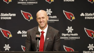 2023 NFL Draft: General manager Monti Ossenfort of the Arizona Cardinals answers a question from the media during a press conference introducing new head coach Jonathan Gannon at Dignity Health Arizona Cardinals Training Center on February 16, 2023 in Tempe, Arizona. (Photo by Chris Coduto/Getty Images)