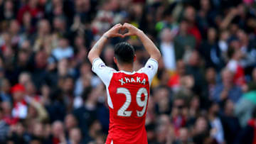 LONDON, ENGLAND - MAY 07: Granit Xhaka of Arsenal celebrates after he scores to make it 1-0 during the Premier League match between Arsenal and Manchester United at Emirates Stadium on May 7, 2017 in London, England. (Photo by Catherine Ivill - AMA/Getty Images)