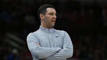 Head coach Mark Daigneault of Oklahoma City Thunder looks on during against the Chicago Bulls at United Center on February 12, 2022 in Chicago, Illinois. NOTE TO USER: User expressly acknowledges and agrees that, by downloading and or using this photograph, User is consenting to the terms and conditions of the Getty Images License Agreement. (Photo by Quinn Harris/Getty Images)
