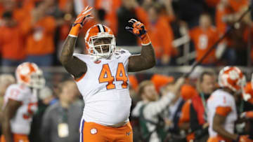 SANTA CLARA, CA - JANUARY 07: Nyles Pinckney #44 of the Clemson Tigers celebrates a first quarter touchdown against the Alabama Crimson Tidein the CFP National Championship presented by AT&T at Levi's Stadium on January 7, 2019 in Santa Clara, California. (Photo by Sean M. Haffey/Getty Images)