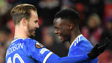 Leicester City's Zambian striker Patson Daka celebrates with English midfielder James Maddison NIKOVA/AFP via Getty Images)