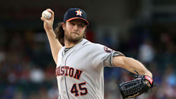 ARLINGTON, TEXAS - JULY 12: Gerrit Cole #45 of the Houston Astros throws against the Texas Rangers in the first inning at Globe Life Park in Arlington on July 12, 2019 in Arlington, Texas. (Photo by Ronald Martinez/Getty Images)