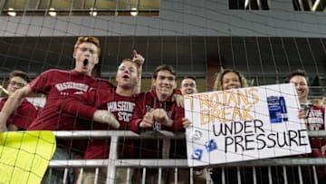 PULLMAN, WA - SEPTEMBER 29: Fans for the Washington State Cougars cheer for their team in the game against the USC Trojans at Martin Stadium on September 29, 2017 in Pullman, Washington. Washington State defeated USC 30-27. (Photo by William Mancebo/Getty Images)