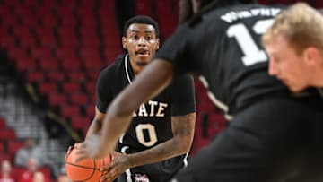 Dec 20, 2022; Lincoln, Nebraska, USA; Mississippi State Bulldogs forward D.J. Jeffries (0) looks to pass against the Drake Bulldogs in the first half at Pinnacle Bank Arena. Mandatory Credit: Steven Branscombe-USA TODAY Sports