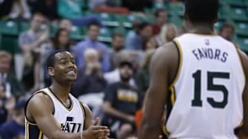 Oct 12, 2015; Salt Lake City, UT, USA; Utah Jazz guard Alec Burks (10) reacts after making the basket and being fouled against the Portland Trail Blazers at EnergySolutions Arena. Mandatory Credit: Jeff Swinger-USA TODAY Sports