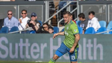 SAN JOSE, CA - SEPTEMBER 29: Seattle Sounders forward Jordan Morris (13) fields a pass during the match between the Seattle Sounders FC and the San Jose Earthquakes on Sunday, September 29, 2019 at Avaya Stadium, San Jose, California. (Photo by Douglas Stringer/Icon Sportswire via Getty Images)