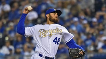 Apr 3, 2016; Kansas City, MO, USA; Kansas City Royals pitcher Joakim Soria (48) delivers a pitch against the New York Mets during the eighth inning at Kauffman Stadium. Mandatory Credit: Peter G. Aiken-USA TODAY Sports