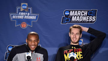 Mar 17, 2016; Spokane, WA, USA; Maryland Terrapins guard Rasheed Sulaimon (0) and forward Jake Layman (10) speak to media during a practice day before the first round of the NCAA men