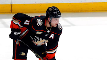 ANAHEIM, CA - JANUARY 23: Cam Fowler #4 of the Anaheim Ducks waits for a face-off during the game against the St. Louis Blues on January 23, 2019 at Honda Center in Anaheim, California. (Photo by Debora Robinson/NHLI via Getty Images)