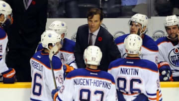 Nov 11, 2014; Nashville, TN, USA; Edmonton Oilers head coach Dallas Eakins during the third period against the Nashville Predators at Bridgestone Arena. The Predators won 3-2. Mandatory Credit: Christopher Hanewinckel-USA TODAY Sports
