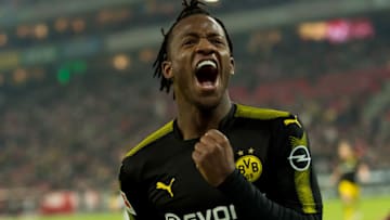 COLOGNE, GERMANY - FEBRUARY 02: Michy Batshuayi of Dortmund celebrates after scoring his team`s second goal during the Bundesliga match between 1. FC Koeln and Borussia Dortmund at RheinEnergieStadion on February 2, 2018 in Cologne, Germany. (Photo by TF-Images/TF-Images via Getty Images)
