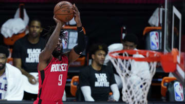 LAKE BUENA VISTA, FLORIDA - AUGUST 14: DeMarre Carroll #9 of the Houston Rockets shoots agains the Philadelphia 76ers during the second half of an NBA basketball game at the ESPN Wide World Of Sports Complex on August 14, 2020 in Lake Buena Vista, Florida. NOTE TO USER: User expressly acknowledges and agrees that, by downloading and or using this photograph, User is consenting to the terms and conditions of the Getty Images License Agreement. (Photo by Ashley Landis-Pool/Getty Images)