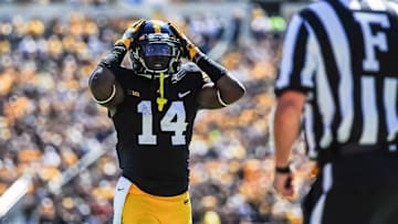 Sep 17, 2016; Iowa City, IA, USA; Iowa Hawkeyes defensive back Desmond King (14) reacts after a play during the second half against the North Dakota State Bison at Kinnick Stadium. North Dakota State won 23-21. Mandatory Credit: Jeffrey Becker-USA TODAY Sports