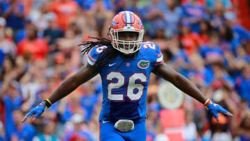 Nov 21, 2015; Gainesville, FL, USA; Florida Gators defensive back Marcell Harris (26) reacts against the Florida Atlantic Owls during the second quarter at Ben Hill Griffin Stadium. Mandatory Credit: Kim Klement-USA TODAY Sports