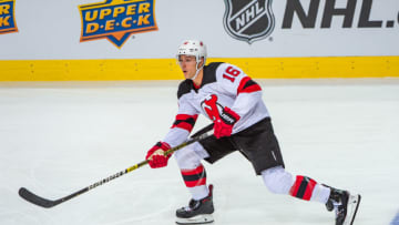 BERN, SWITZERLAND - OCTOBER 01: #16 Steven Santini of New Jersey Devils skates during the NHL Global Series Challenge Switzerland 2018 match between SC Bern and New Jersey Devils at PostFinance Arena on October 1, 2018 in Bern, Switzerland. (Photo by Robert Hradil/NHLI via Getty Images)