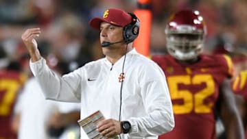 LOS ANGELES, CA - OCTOBER 13: Clay Helton head coach of the USC Trojans at Los Angeles Memorial Coliseum on October 13, 2018 in Los Angeles, California. (Photo by John McCoy/Getty Images)
