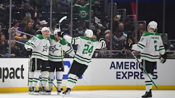 Jan 3, 2023; Los Angeles, California, USA; Dallas Stars celebrate the goal scored by left wing Jason Robertson (21) against the. Los Angeles Kings during the second period at Crypto.com Arena. Mandatory Credit: Gary A. Vasquez-USA TODAY Sports