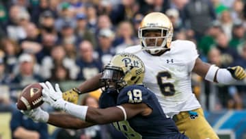 07 November 2015: Pittsburgh Panthers Wide Receiver Dontez Ford (19) catches a ball while being defended by Notre Dame Fighting Irish Cornerback KeiVarae Russell (6) during the game between the Notre Dame Fighting Irish and the Pittsburgh Panthers at Heinz Field in Pittsburgh, Pa. (Photo by Mark Alberti/ Icon Sportswire) (Photo by Mark Alberti/Icon Sportswire/Corbis via Getty Images)