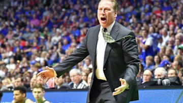 TULSA, OK - MARCH 19: Head coach Tom Izzo of the Michigan State Spartans reacts against the Kansas Jayhawks during the second round of the 2017 NCAA Men's Basketball Tournament at BOK Center on March 19, 2017 in Tulsa, Oklahoma. (Photo by J Pat Carter/Getty Images)