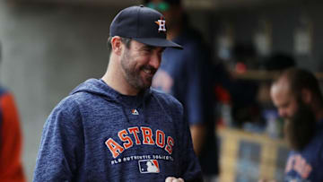 DETROIT, MI - SEPTEMBER 12: Justin Verlander #35 of the Houston Astros looks on from the dugout while playing the Detroit Tigers at Comerica Park on September 12, 2018 in Detroit, Michigan. (Photo by Gregory Shamus/Getty Images)