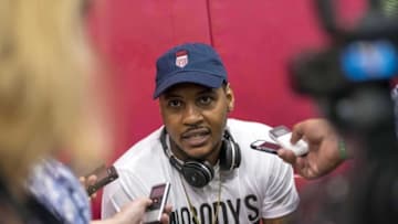 Jul 21, 2016; Las Vegas, NV, USA; USA forward Carmelo Anthony (15) speaks to media before practice at Mendenhall Center. Mandatory Credit: Joshua Dahl-USA TODAY Sports