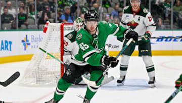 Sep 29, 2022; Dallas, Texas, USA; Dallas Stars center Mavrik Bourque (45) in action during the game between the Dallas Stars and the Minnesota Wild at the American Airlines Center. Mandatory Credit: Jerome Miron-USA TODAY Sports