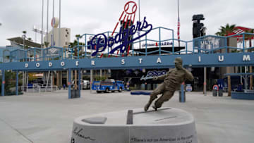 Apr 22, 2021; Los Angeles, California, USA; A general overall view of statue of Jackie Robinson (42) at Dodger Stadium. Mandatory Credit: Kirby Lee-USA TODAY Sports