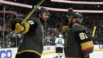 LAS VEGAS, NV - MAY 04: Alex Tuch #89 and Jonathan Marchessault #81 of the Vegas Golden Knights celebrate after Marchessault assisted Tuch on a power-play goal against the San Jose Sharks in the second period of Game Five of the Western Conference Second Round during the 2018 NHL Stanley Cup Playoffs at T-Mobile Arena on May 4, 2018 in Las Vegas, Nevada. (Photo by Ethan Miller/Getty Images)