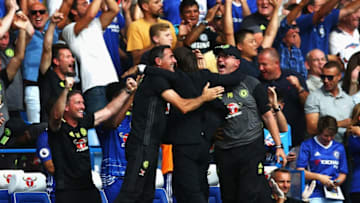 LONDON, ENGLAND - AUGUST 27: The Chelsea bench celebrates their sides third goal during the Premier League match between Chelsea and Burnley at Stamford Bridge on August 27, 2016 in London, England. (Photo by Steve Bardens/Getty Images)