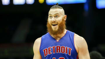 Oct 13, 2016; Atlanta, GA, USA; Detroit Pistons forward Aron Baynes (12) shows emotion against the Atlanta Hawks in the first quarter at Philips Arena. Mandatory Credit: Brett Davis-USA TODAY Sports