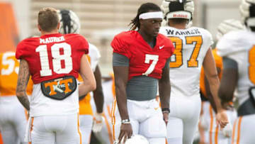 Tennessee quarterback Joe Milton III (7) during the team's football practice on Tuesday, August 10, 2021.Kns Ut Football Practice Bp