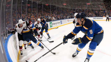 ST. LOUIS, MO - MARCH 12: Sammy Blais #9 of the St. Louis Blues reaches for the puck against the Arizona Coyotes at Enterprise Center on March 12, 2019 in St. Louis, Missouri. (Photo by Scott Rovak/NHLI via Getty Images)