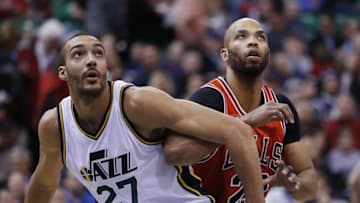 Feb 1, 2016; Salt Lake City, UT, USA; Utah Jazz center Rudy Gobert (27) and Chicago Bulls forward Taj Gibson (22) battle for position in the first quarter at Vivint Smart Home Arena. Mandatory Credit: Jeff Swinger-USA TODAY Sports
