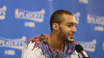 SALT LAKE CITY, UT - MAY 8: Rudy Gobert #27 of the Utah Jazz speaks to the media after Game Four of the Western Conference Semifinals of the 2017 NBA Playoffs on May 8, 2017 at vivint.SmartHome Arena in Salt Lake City, Utah. Mandatory Copyright Notice: Copyright 2017 NBAE (Photo by Melissa Majchrzak/NBAE via Getty Images)