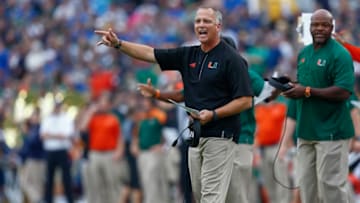 SOUTH BEND, IN - OCTOBER 29: Head coach Mark Richt of the Miami Hurricanes is seen during the game against the Notre Dame Fighting Irish at Notre Dame Stadium on October 29, 2016 in South Bend, Indiana. (Photo by Michael Hickey/Getty Images)