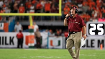 MIAMI GARDENS, FL - OCTOBER 08: Head coach Jimbo Fisher of the Florida State Seminoles looks on during a game against the Miami Hurricanes at Hard Rock Stadium on October 8, 2016 in Miami Gardens, Florida. (Photo by Mike Ehrmann/Getty Images)