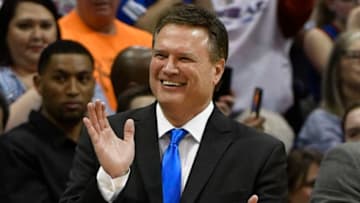 LAWRENCE, KS - FEBRUARY 27: Bill Self head coach of the Kansas Jayhawks claps as he waits for Frank Mason III