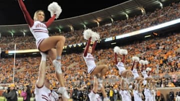 Oct 25, 2014; Knoxville, TN, USA; Alabama Crimson Tide cheerleaders entertain fans during the second half against the Tennessee Volunteers at Neyland Stadium. Alabama won 34-20. Mandatory Credit: Jim Brown-USA TODAY Sports
