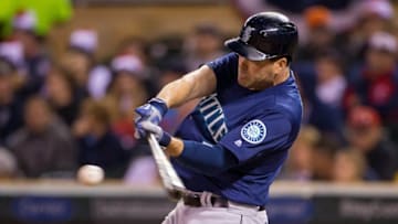 Sep 23, 2016; Minneapolis, MN, USA; Seattle Mariners outfielder Seth Smith (7) at bat in the first inning against the Minnesota Twins at Target Field. Mandatory Credit: Brad Rempel-USA TODAY Sports