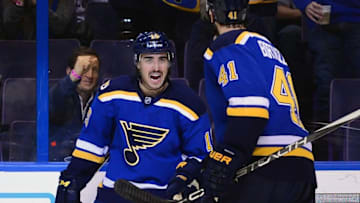 Nov 28, 2016; St. Louis, MO, USA; St. Louis Blues center Robby Fabbri (15) celebrates with defenseman Robert Bortuzzo (41) after scoring against the Dallas Stars during the first period at Scottrade Center. Mandatory Credit: Jeff Curry-USA TODAY Sports