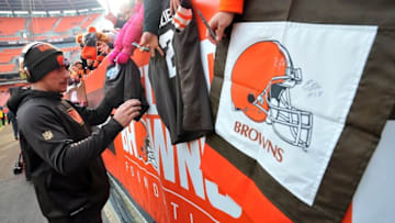 Dec 6, 2015; Cleveland, OH, USA; Cleveland Browns quarterback Johnny Manziel (2) signs autographs before the game between the Cleveland Browns and the Cincinnati Bengals during the first quarter at FirstEnergy Stadium. Mandatory Credit: Ken Blaze-USA TODAY Sports