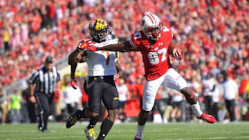 MADISON, WI - OCTOBER 21: Quintez Cephus #87 of the Wisconsin Badgers is pursued by JC Jackson #7 of the Maryland Terrapins during a game at Camp Randall Stadium on October 21, 2017 in Madison, Wisconsin. Wisconsin defeated Maryland 38-13. (Photo by Stacy Revere/Getty Images)